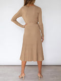 Women's Long Sleeve Midi Dress Wrap Pleated Sweater Dresses