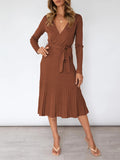 Women's Long Sleeve Midi Dress Wrap Pleated Sweater Dresses