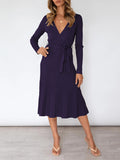 Women's Long Sleeve Midi Dress Wrap Pleated Sweater Dresses