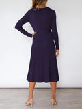 Women's Long Sleeve Midi Dress Wrap Pleated Sweater Dresses