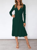 Women's Long Sleeve Midi Dress Wrap Pleated Sweater Dresses