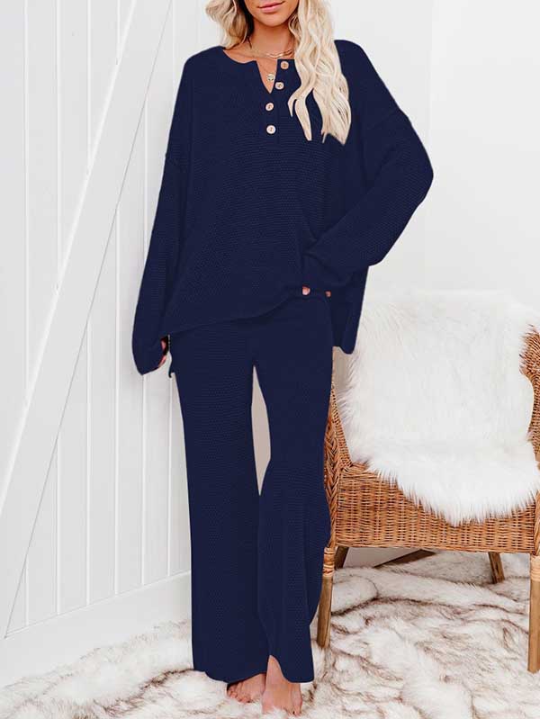 Blue 2 Pieces sweater Set Women Tracksuit O-neck Sweater + loose