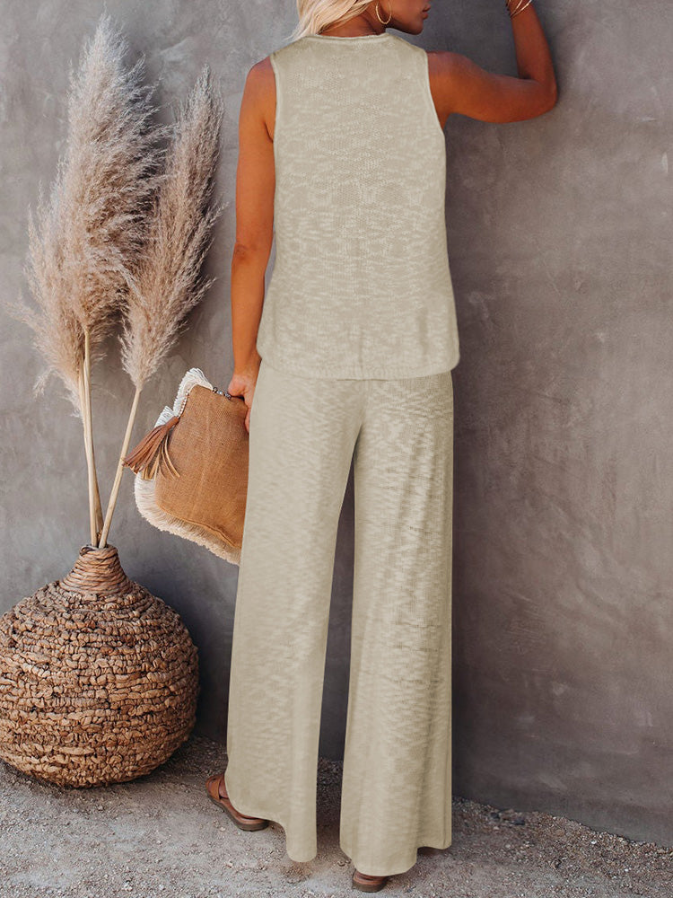 Womens Knitted Outfits Wide Leg Pant 2 Pieces Sweatsuit