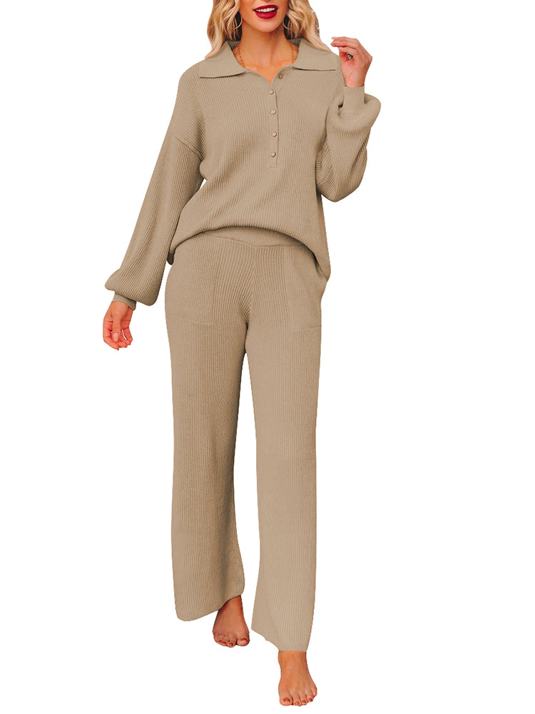 Button Knit Loungewear Puff Sleeve Top Lounge Pants 2 Pieces Sweatsuit