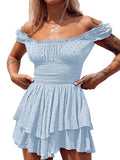 Women's Summer Puff Sleeve Off Shoulder Mini Dress A-Line Ruffle Flowy Swing Dress