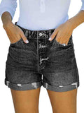 Short en jean pour femme Short en jean déchiré à taille haute avec ourlet replié