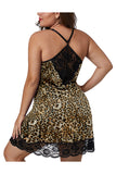 Plus Size V Neck Sheer Lace Leopard Print Babydoll Brown