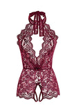 Women's Lace Trim Cut Out Halter Open Crotchet Teddy Crimson