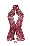 Women's Lace Trim Cut Out Halter Open Crotchet Teddy Crimson