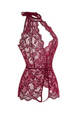 Women's Lace Trim Cut Out Halter Open Crotchet Teddy Crimson