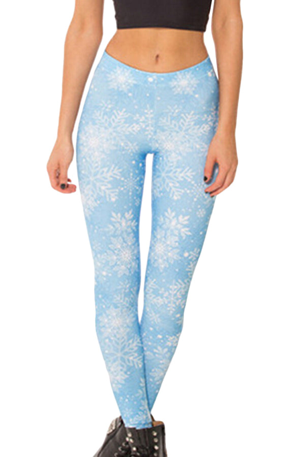Blue Ladies White Snowflake Printed Christmas Designer Leggings