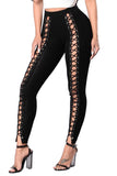 Womens High Waist Cross Lace-up Cutout Plain Leggings Black