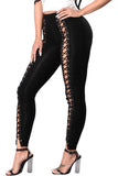 Womens High Waist Cross Lace-up Cutout Plain Leggings Black
