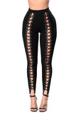 Womens High Waist Cross Lace-up Cutout Plain Leggings Black