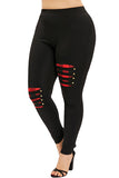 Plus Size High Waisted Cut Out Plaid Patchwork Skinny Leggings Black