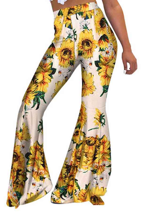 Women's Sunflower Print High Waisted Bell Bottom Pants