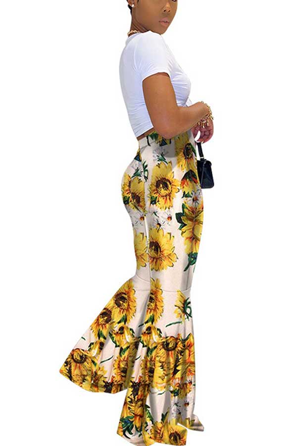 Women's Sunflower Print High Waisted Bell Bottom Pants
