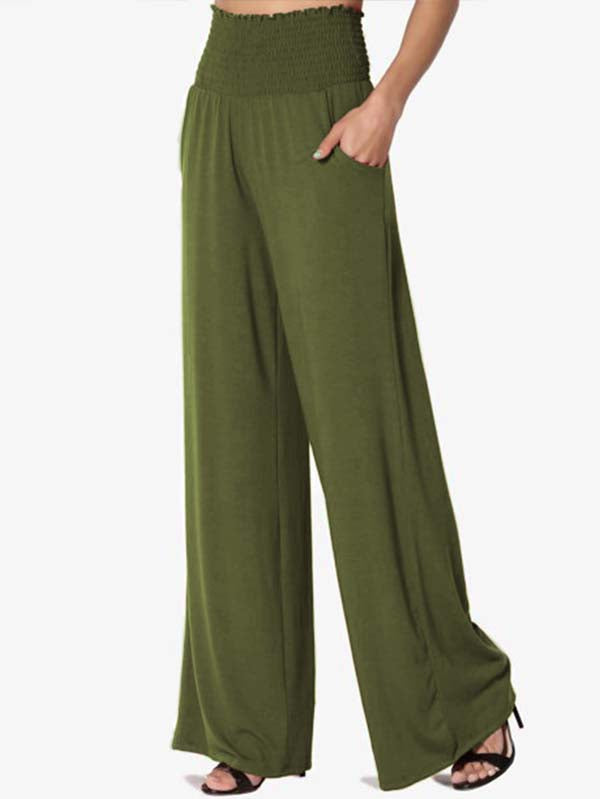 Pantalon large à taille smockée pour femme avec poches