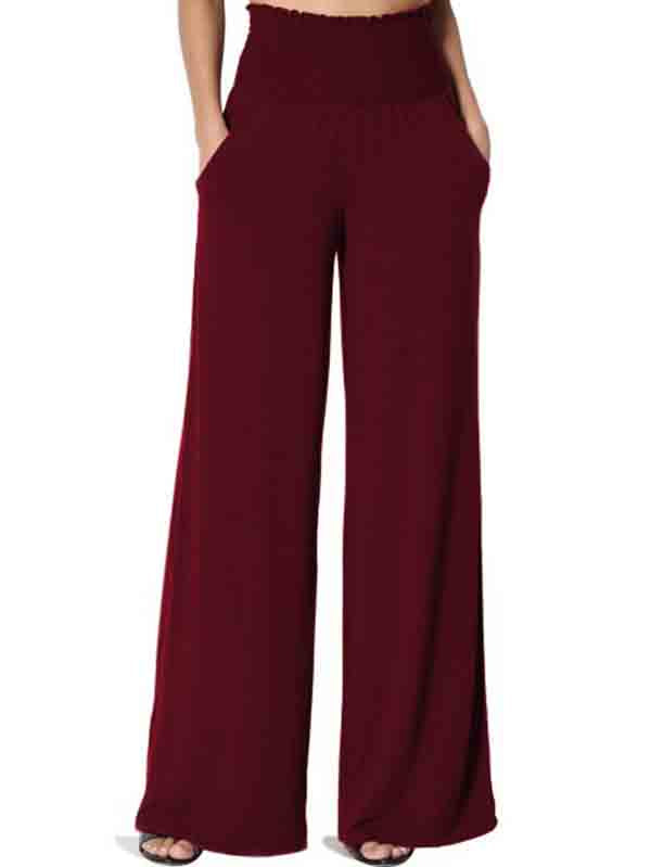 Womens Smocked Waist Wide Leg Pants With Pockets