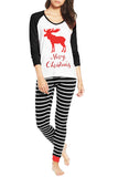 Long Sleeve Reindeer Print Striped Christmas Pajama Set Black