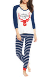 Long Sleeve Reindeer Print Striped Christmas Pajama Set Navy Blue
