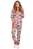 Long Sleeve Cat Print Pocket Zip Up Hooded Christmas Pajama White
