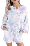 Women's Tie Dye Pajama Set Lantern Sleeve Snap Button With Shorts