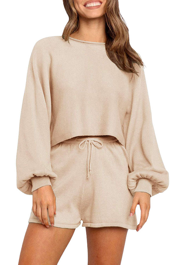 Lantern Sleeve Crew Neck Top Sweat Shorts Casual Suit Apricot