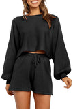Solid Puff Sleeve Top Drawstring Shorts Sports Suit Black