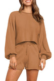 Casual Long Sleeve Crop Top Plain Shorts Two Piece Set Coffee