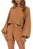 Casual Long Sleeve Crop Top Plain Shorts Two Piece Set Coffee