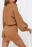 Casual Long Sleeve Crop Top Plain Shorts Two Piece Set Coffee