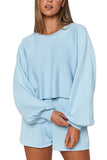 Solid Long Sleeve Crop Top Elastic Waist Shorts Set Light Blue