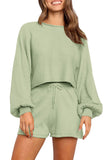 Puff Long Sleeve Crew Neck Top Sweat Shorts Leisure Suit Light Green