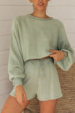 Puff Long Sleeve Crew Neck Top Sweat Shorts Leisure Suit Light Green