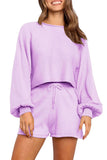 Crew Neck Crop Top Elastic Waist Shorts Two Piece Set Purple
