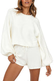 Lantern Long Sleeve Crop Top Drawstring Sweat Shorts Suit White