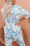 Casual Long Sleeve Pants Tie Dye Pajama Set Green