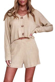 Sexy V Neck Button Down Ribbed Top Shorts Sweater Set Khaki