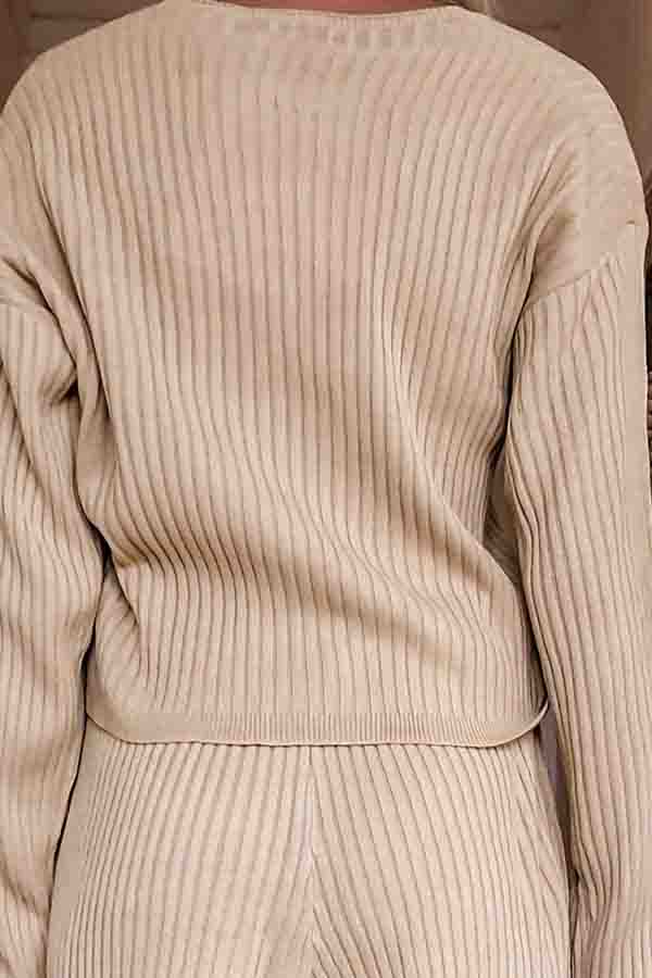 Sexy V Neck Button Down Ribbed Top Shorts Sweater Set Khaki