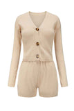 Sexy V Neck Button Down Ribbed Top Shorts Sweater Set Khaki
