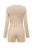 Sexy V Neck Button Down Ribbed Top Shorts Sweater Set Khaki