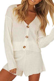 Drop Shoulder Ribbed Button Down Sweater Shorts Set White