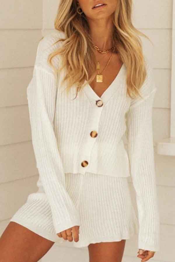 Drop Shoulder Ribbed Button Down Sweater Shorts Set White