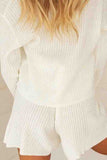 Drop Shoulder Ribbed Button Down Sweater Shorts Set White