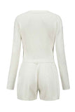 Drop Shoulder Ribbed Button Down Sweater Shorts Set White