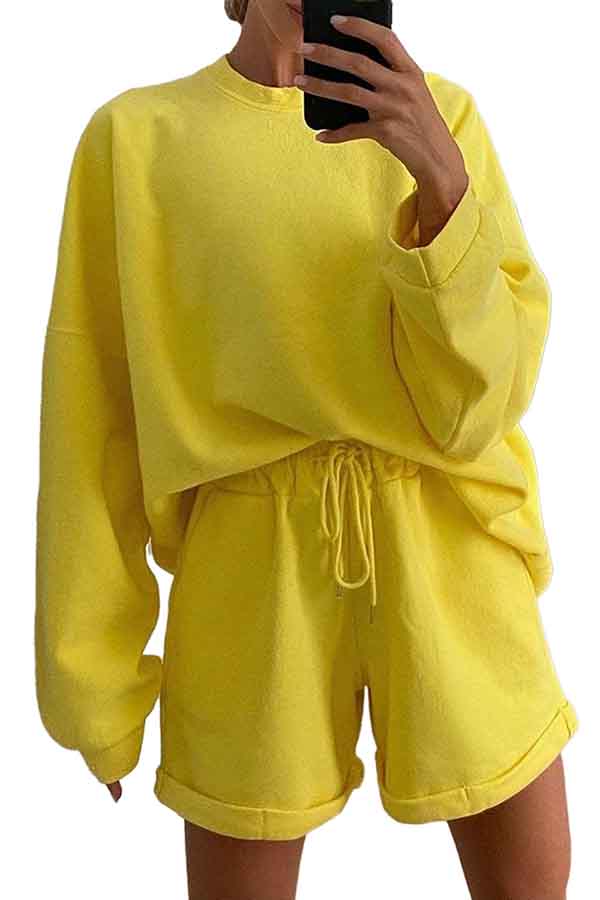 Solid Oversized Pullover Sweatshirt Rolled Shorts Pajama Set Yellow