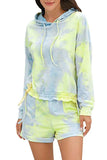 Tie Dye Drawstring Hoodie Pocket Shorts Loungewear Green