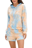 Drop Shoulder Tie Dye Hoodie Rolled Shorts Pajama Set Light Blue