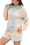 Drop Shoulder Tie Dye Hoodie Rolled Shorts Pajama Set Light Blue